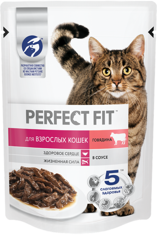Влажный корм для взрослых кошек с говядиной в соусе, пауч 75 гр