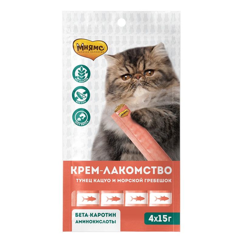 Крем-лакомство для кошек с тунцом Кацуо и морским гребешком 4 шт х 15 гр