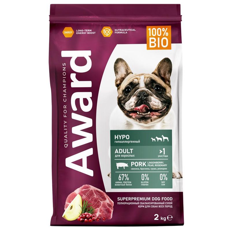 AWARD HYPO Корм для взрослых собак всех пород со свининой с добавлением брусники, груши и розмарина 2 кг